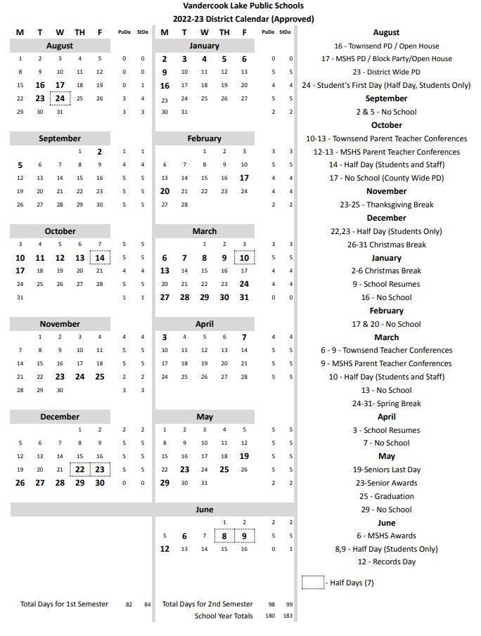 Vandercook Lake Public Schools Calendar 2022 and 2023 - PublicHolidays.com